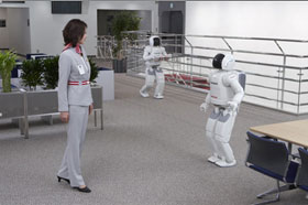 Honda开发出可协调多个机器人ASIMO共同工作的智能技术-2个ASIMO协作交递饮料